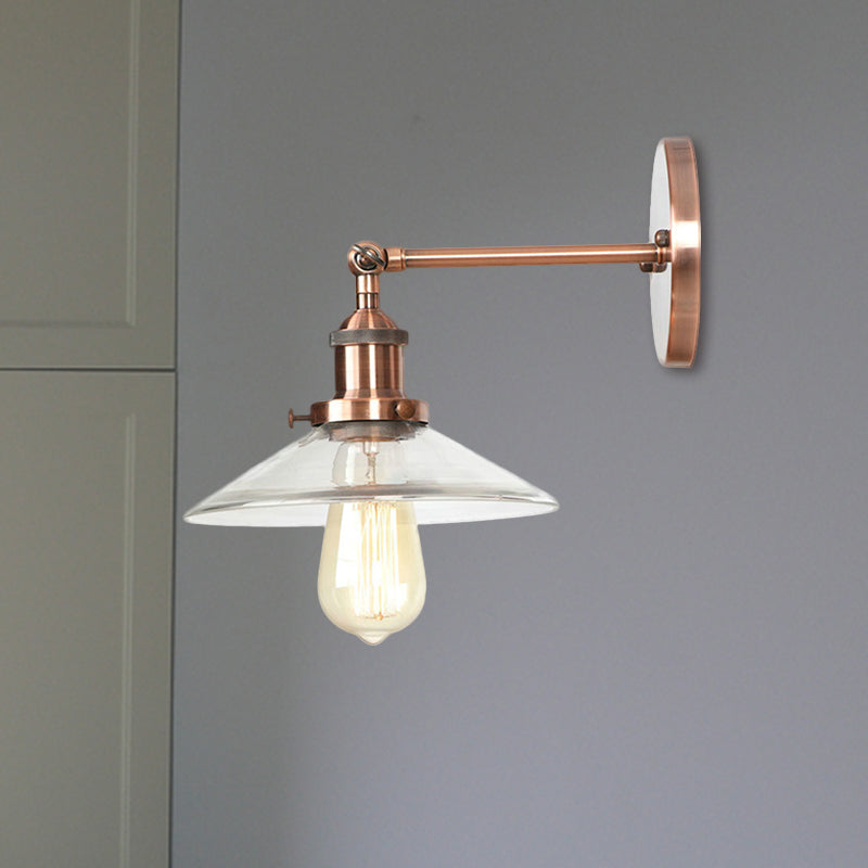 Vintage Clear Glass Conical Bedroom Wall Light With Copper Sconce Lamp