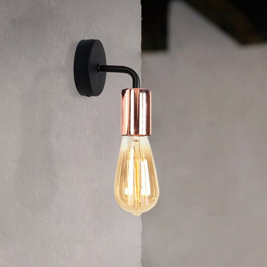 Industrial-Style Brass/Copper Open Bulb Sconce Light With Curved Arm - Metal Bedside Wall Lighting