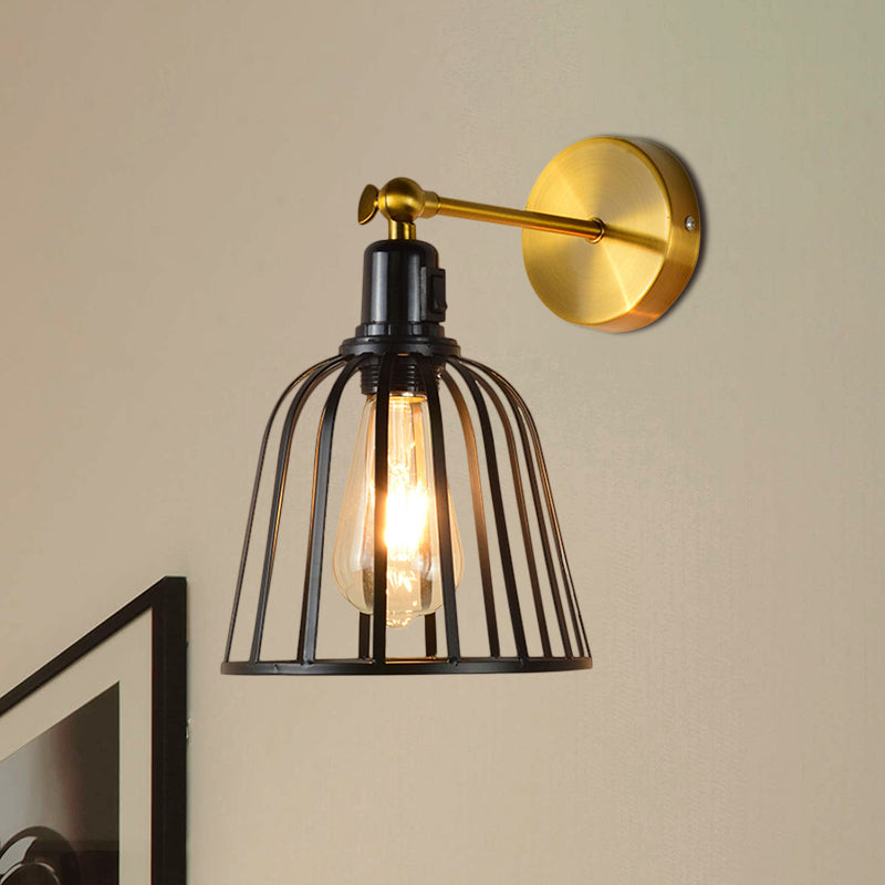 Black Metal Cage Wall Sconce With Bell Shade Industrial Style Hallway Light Fixture