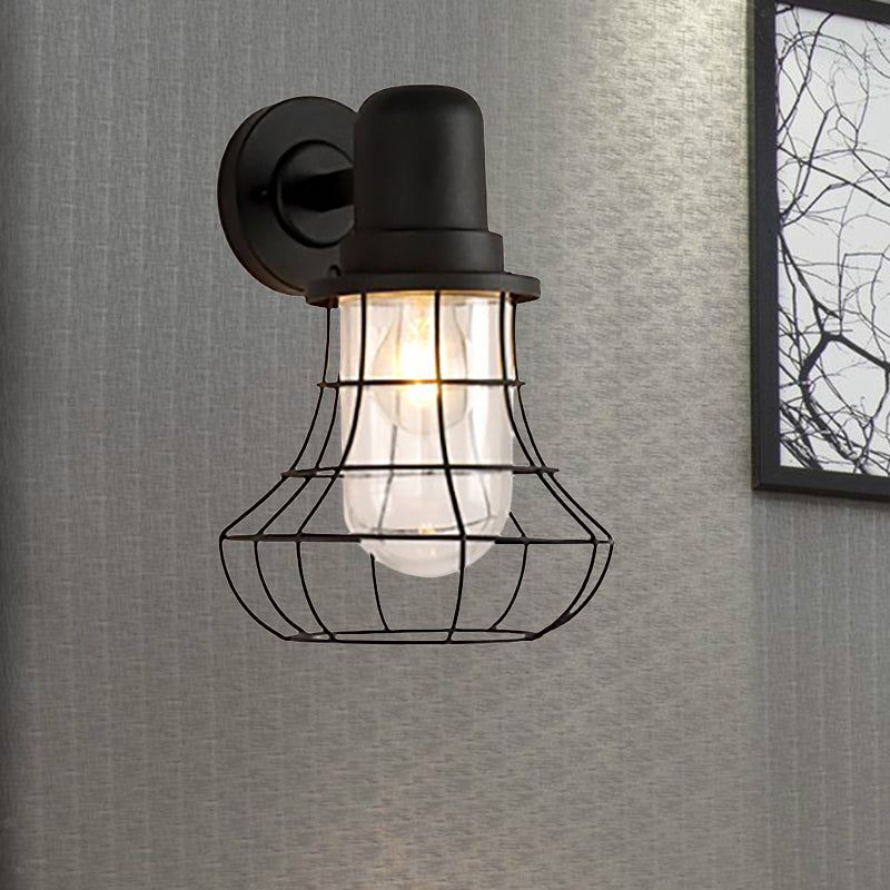Industrial Black Metal Sconce Light With Clear Glass Shade For Porch - 1 Wire Frame Wall Lamp