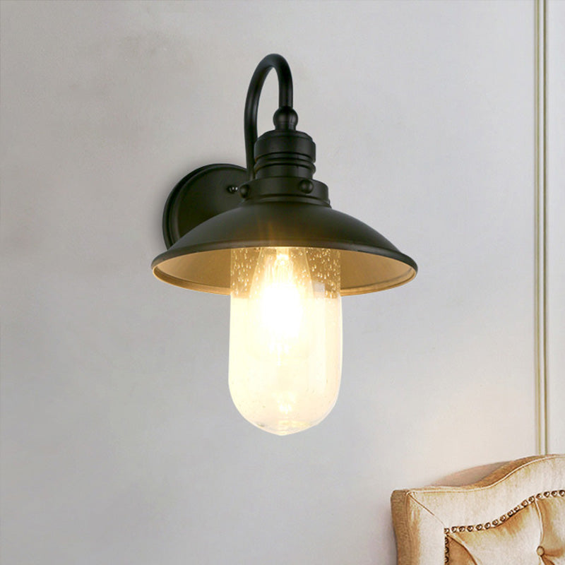 Industrial Black Wall Sconce With Cone/Flared Opal Glass Shade - Entryway Light Fixture