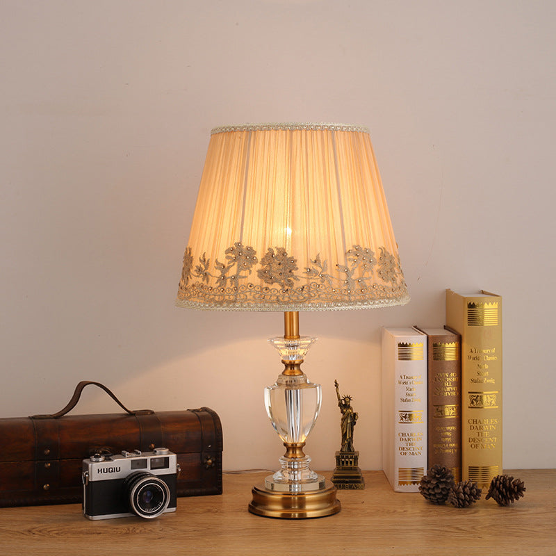 Modern Beige Flared Crystal Table Light- 1 Head Fabric Reading Lamp For Living Room