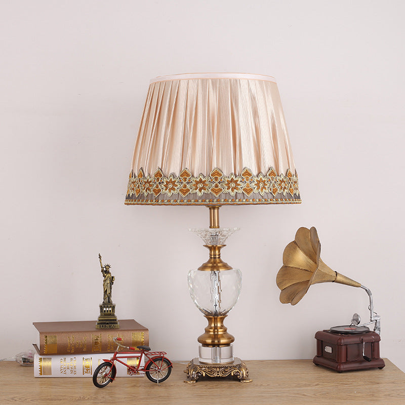 Modern Gold Desk Lamp With Fabric Shade & Metallic Sculpted Base