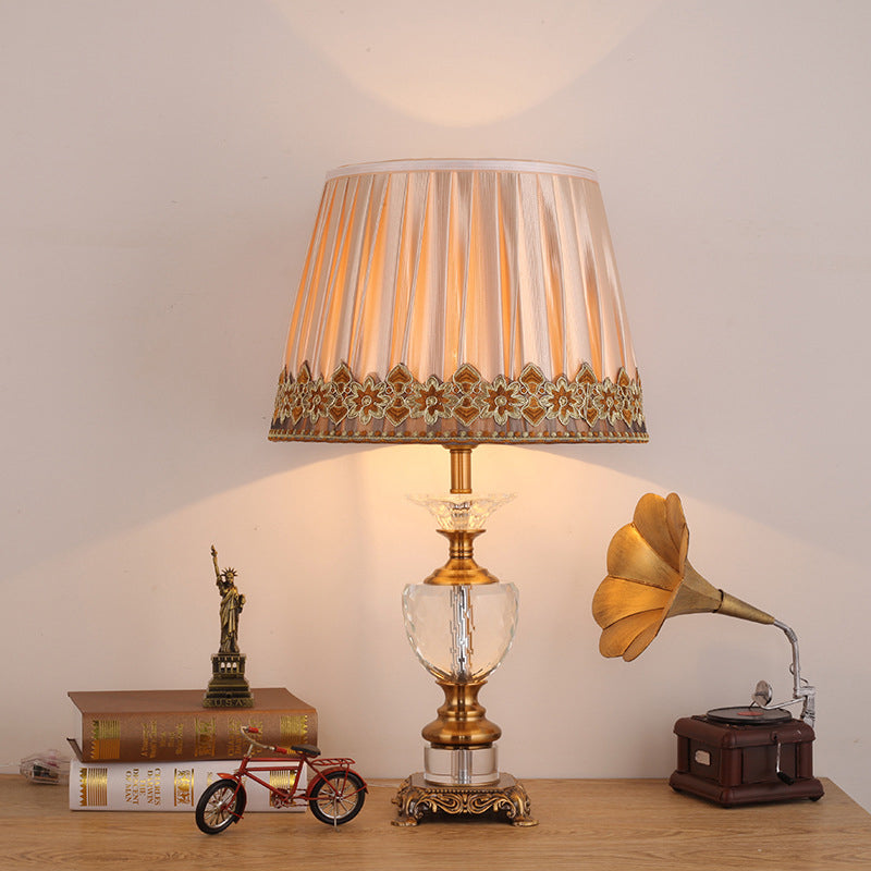 Modern Gold Desk Lamp With Fabric Shade & Metallic Sculpted Base