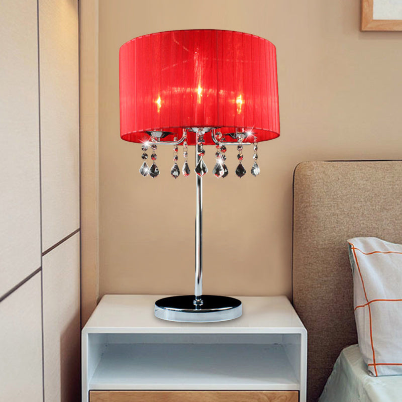 Modern Red Cylinder Desk Light With Crystal Teardrop Elegant 1-Bulb Table Lamp