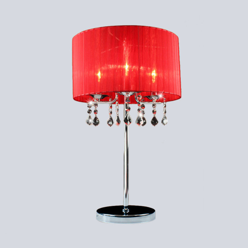 Modern Red Cylinder Desk Light With Crystal Teardrop Elegant 1-Bulb Table Lamp