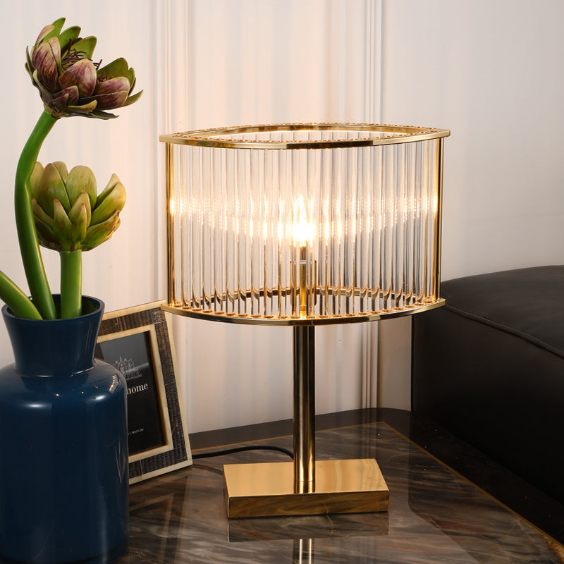Modernist Clear Crystal Table Light With Gold Metal Pedestal
