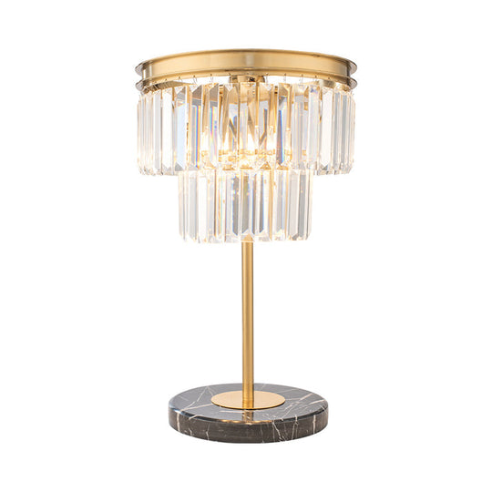 Gold Study Lamp With Clear Crystal Cylinder Design 3-Bulb Modern Reading Light On Marble Base