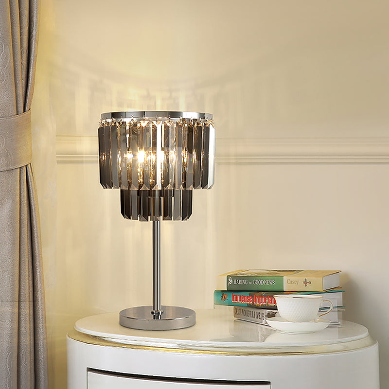 Modernist Smoke Grey Crystal Cylindrical Desk Lamp With 2 Heads - Ideal For Dining Room