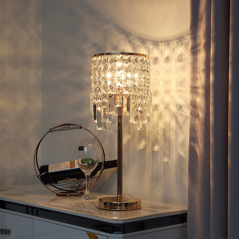 Modern Cylinder Desk Lamp With Amber/Clear Crystal - Ideal For Small Dining Rooms 1 Bulb Clear