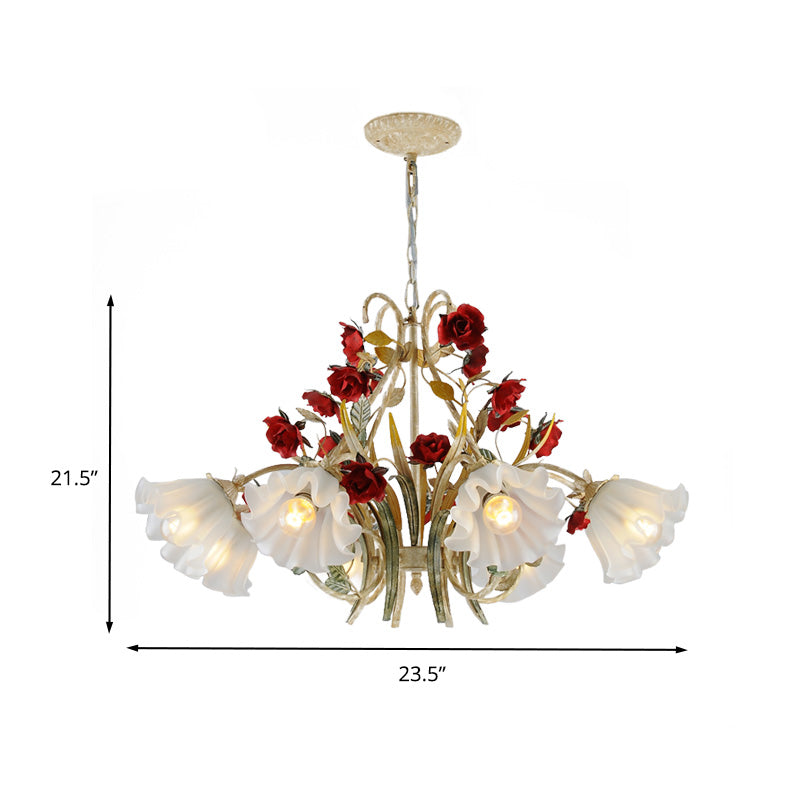 Beige Hanging Chandelier - Pastoral Metal Scalloped Pendant Light With Flower Accent 3/6/8 Lights