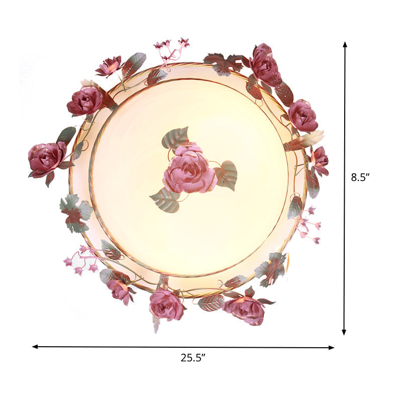 Rustic Metal Bowl Ceiling Lamp With Flower Decor - Flush Mount Light Fixture For Dining Room White