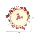 Rustic Metal Bowl Ceiling Lamp With Flower Decor - Flush Mount Light Fixture For Dining Room White