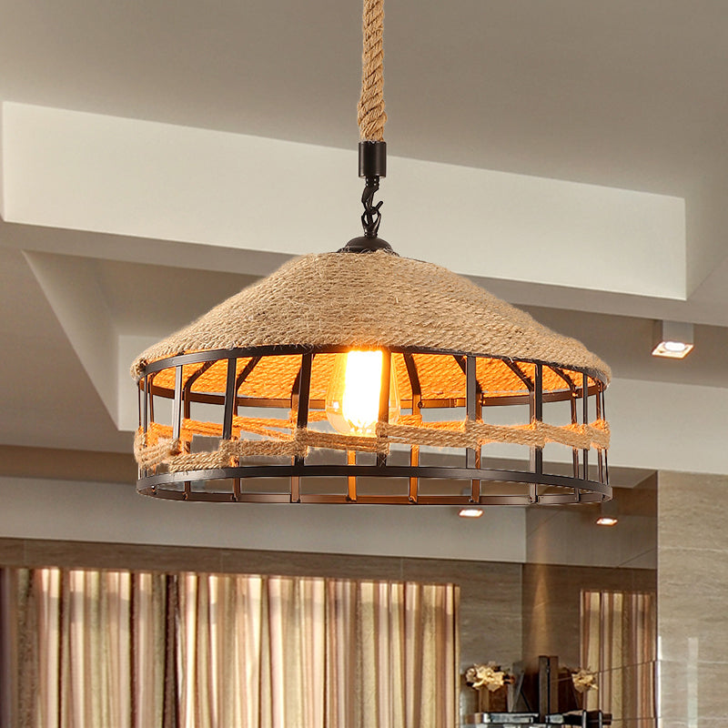 Mongolian Yurts Vintage Rope Pendant Light Fixture - Beige With Wire Cage (12/16/19.5 W) / 12