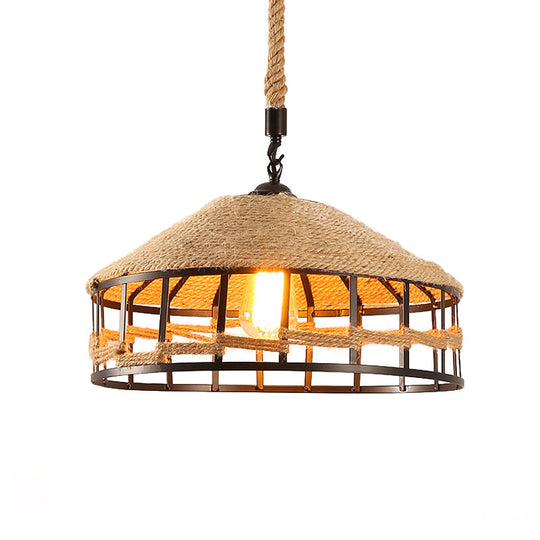 Mongolian Yurts Vintage Rope Pendant Light Fixture - Beige With Wire Cage (12/16/19.5 W)