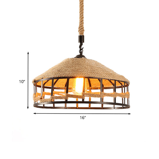 Mongolian Yurts Vintage Rope Pendant Light Fixture - Beige With Wire Cage (12/16/19.5 W)