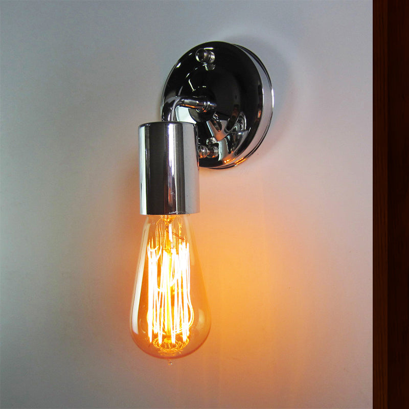 Mini Polished Chrome Industrial Metal Wall Sconce - Bedroom Mount Light With Open Bulb