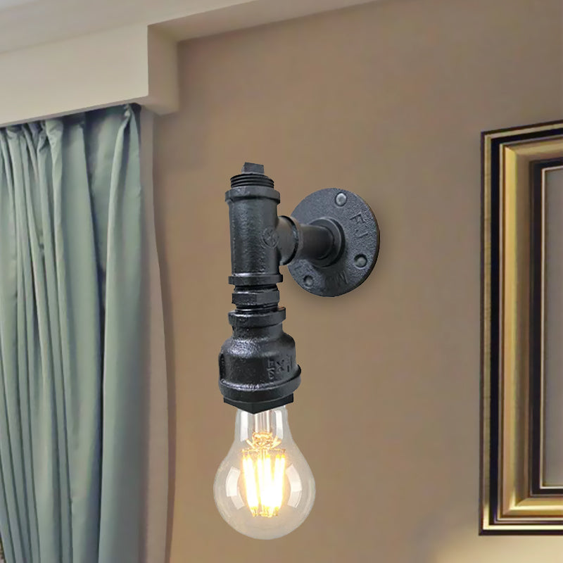Iron Wall Sconce Lighting - Industrial Black/Aged Silver Indoor Mounted Lamp With Water Pipe 1 Light
