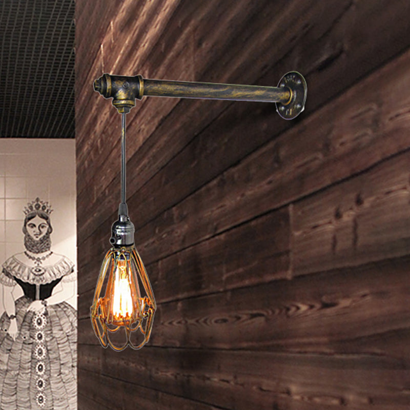 Industrial Wire Frame Wall Lamp With Pipe 1 Light In Aged Brass - Wrought Iron Fixture