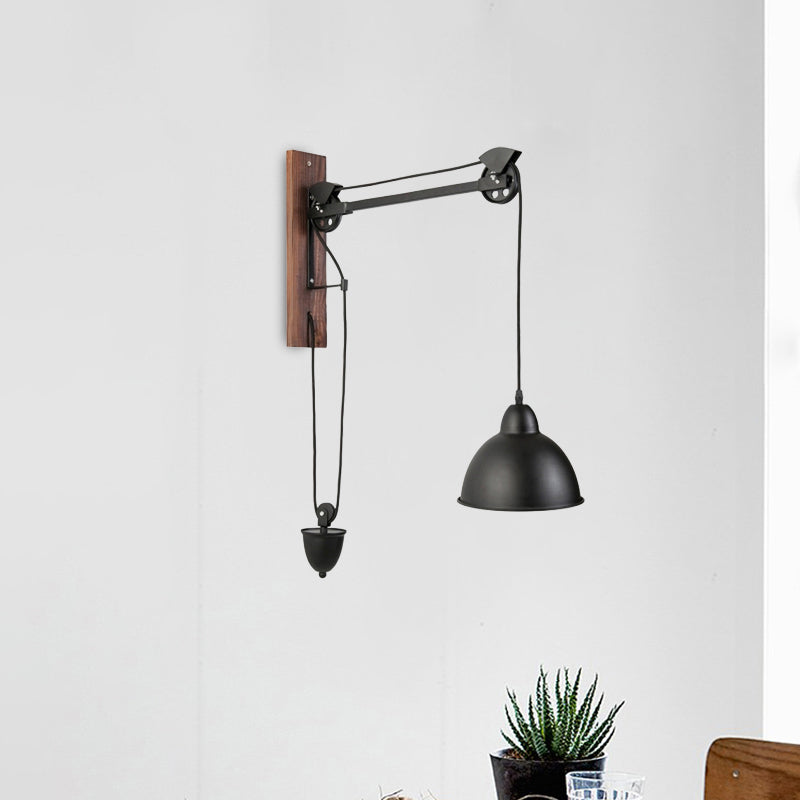 Industrial Metal Domed Wall Sconce Light With Wood Backplate And Pulley