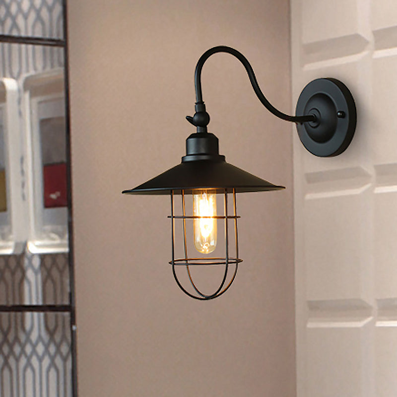 Metal Black Wall Lamp With Flared Shade: Nautical Style 1-Head Lighting For Hallway
