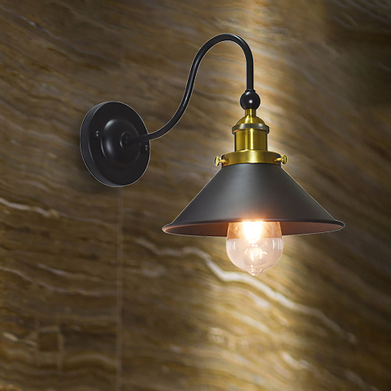 Retro Black Metal Conical Shade Sconce Lamp With Gooseneck Arm - 1 Light Wall Lighting For Corridor