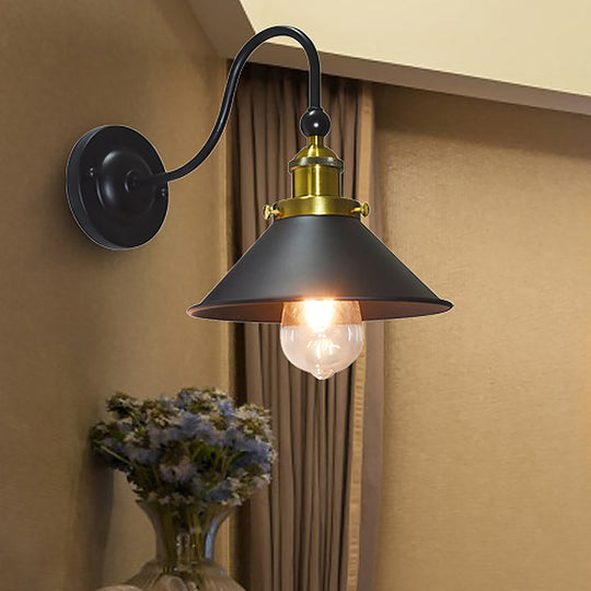 Retro Black Metal Conical Shade Sconce Lamp With Gooseneck Arm - 1 Light Wall Lighting For Corridor