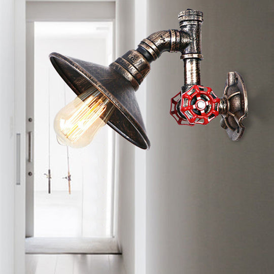 Rustic Aged Bronze Wall Sconce With Flared Shade - Metal Pipe And Valve Accent 1 Light Corridor Lamp