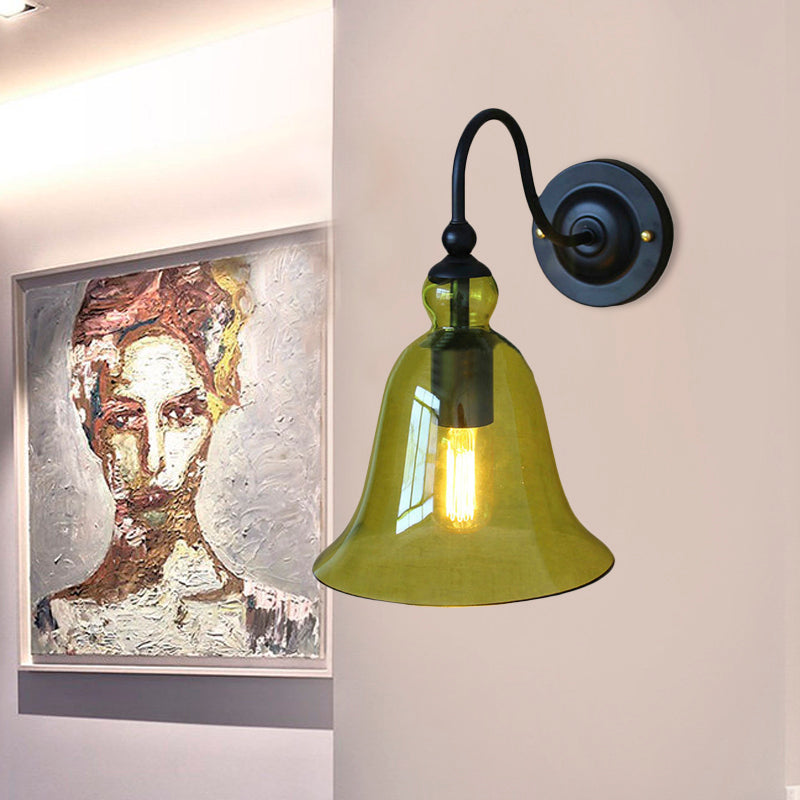 Industrial Clear/Green/Smoked Glass Wall Sconce With Gooseneck Arm - 1-Light Black Bell Bedroom Lamp