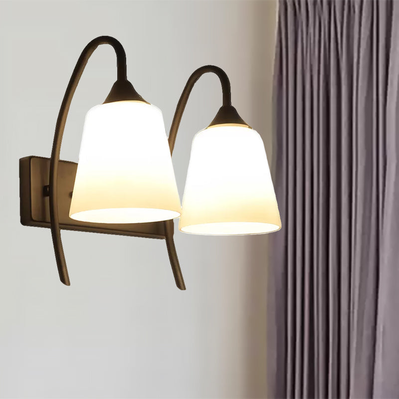 Industrial Black Tapered Wall Lamp With Frosted Glass Sconce - 2-Bulb Light Fixture For Bedroom