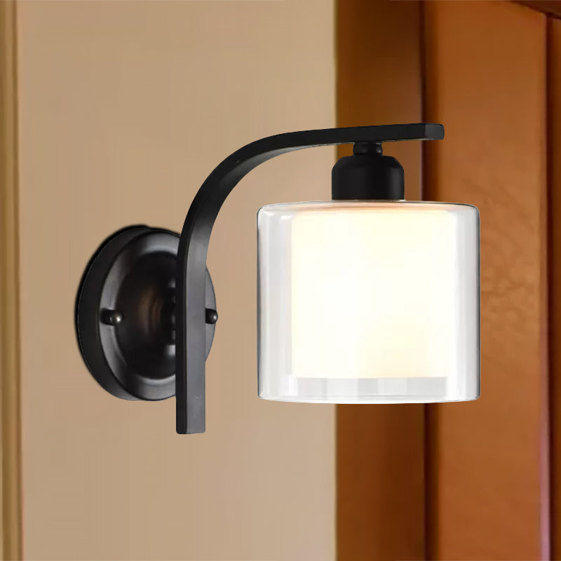 Industrial Clear Glass Wall Mounted Lamp Single Bulb Sconce Light With Curved Arm In Black - Bedroom
