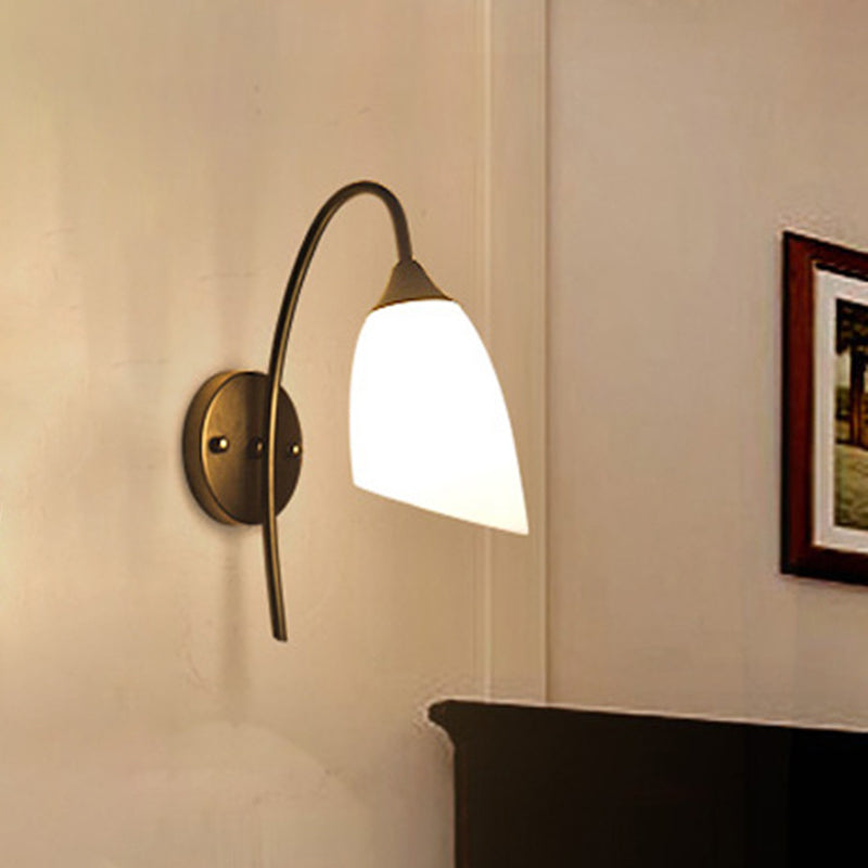 Modern Black And Gold Wall Mounted Light With Milky Glass Shade For Bedroom