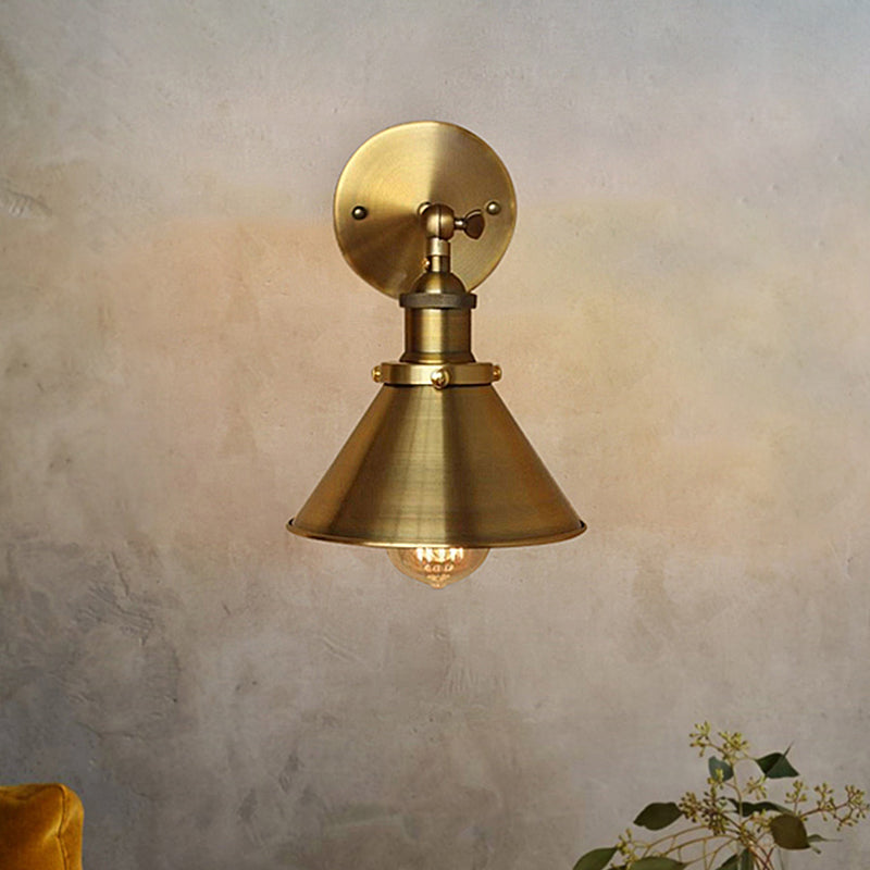 Metal Industrial Indoor Wall Sconce With Conic Shade - Brass Finish