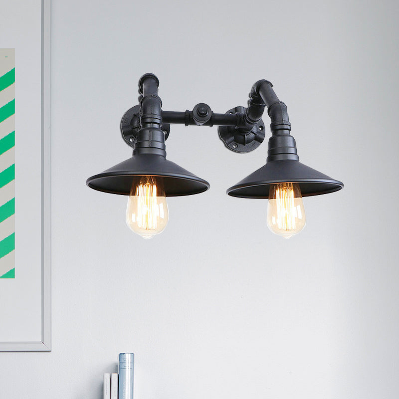 Industrial Black Saucer Wall Sconce - 2 Light Indoor Mount With Water Pipe Warehouse Style