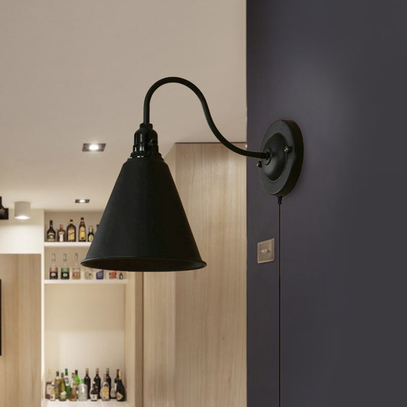 Industrial Black Metallic Wall Sconce With Plug-In Cord - Tapered Design 1 Light Ideal For Front