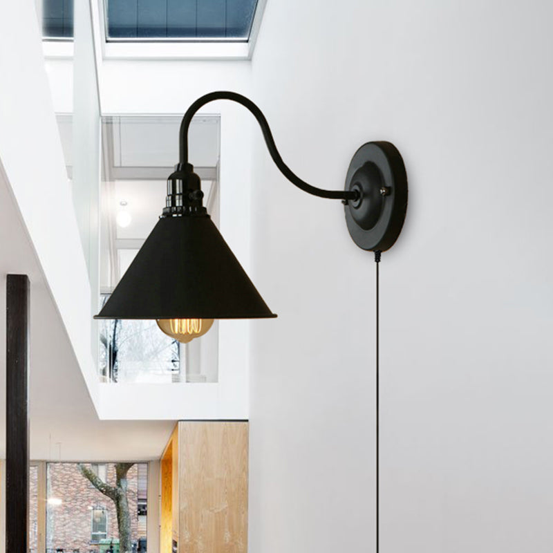 Retro Stylish Wall Sconce Lamp: Conical Metal Plug-In Light With Gooseneck Arm | Matte Black For