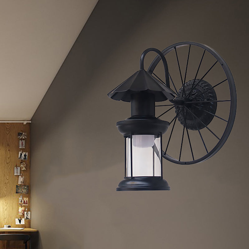 Vintage Industrial Black/Bronze Lantern Wall Sconce - 1 Light Metal Restaurant Lamp With Wheel