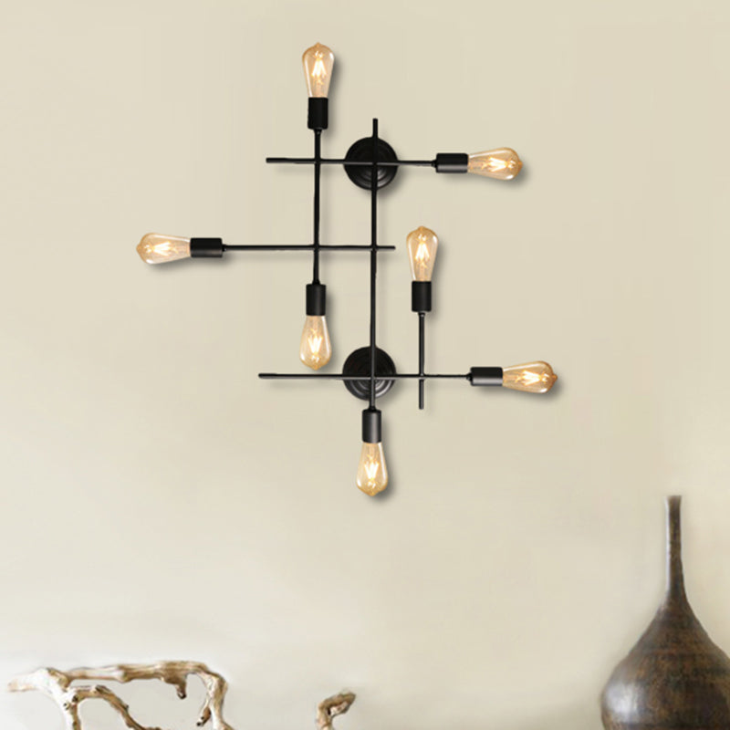 Industrial Black Metallic Cross Wall Sconce With Exposed Bulb - Multi Light Design For Table
