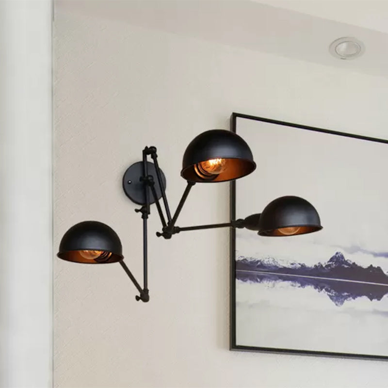 Industrial Style Swing Arm Wall Lamp With Bowl Shade - Black Sconce Lighting (2/3 Heads)