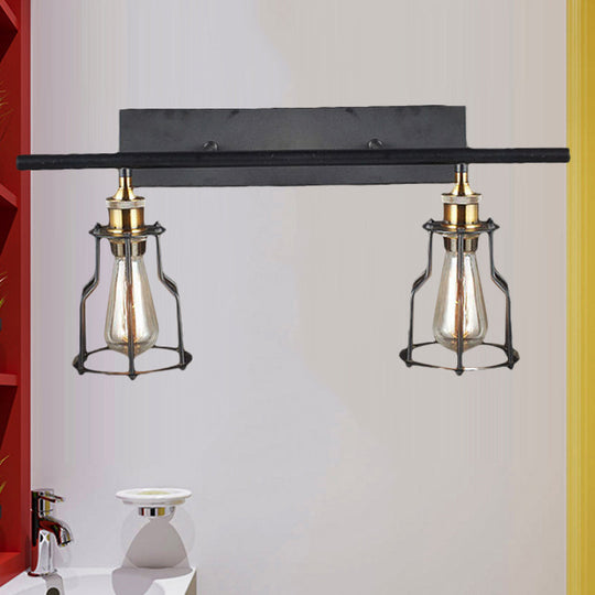 Industrial Style Wire Cage Wall Sconce With 2 Lights - Black Finish Metal Ideal For Living Room