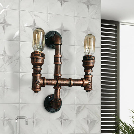 Warehouse Water Pipe Wall Sconce Lamp - Exposed Bulb Iron Light In Weathered Copper (2/3 Lights)