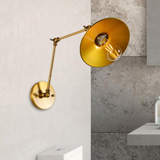 Brass Swing Arm Wall Lamp With Flared Shade - Industrial Style Metal Light