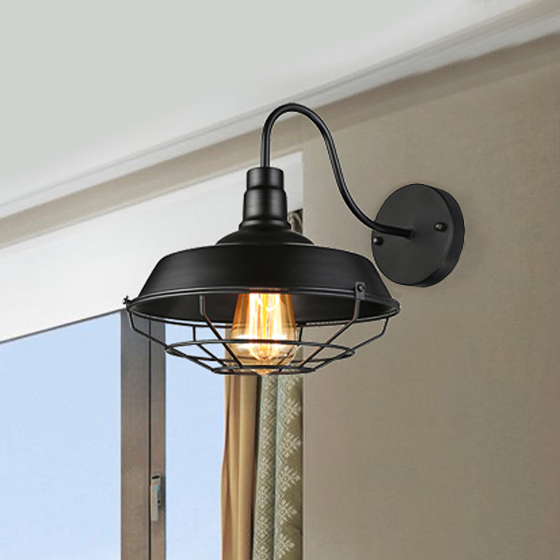 1-Head Caged Wall Sconce With Barn Shade And Gooseneck Arm - 10/14 Size In Black/White For