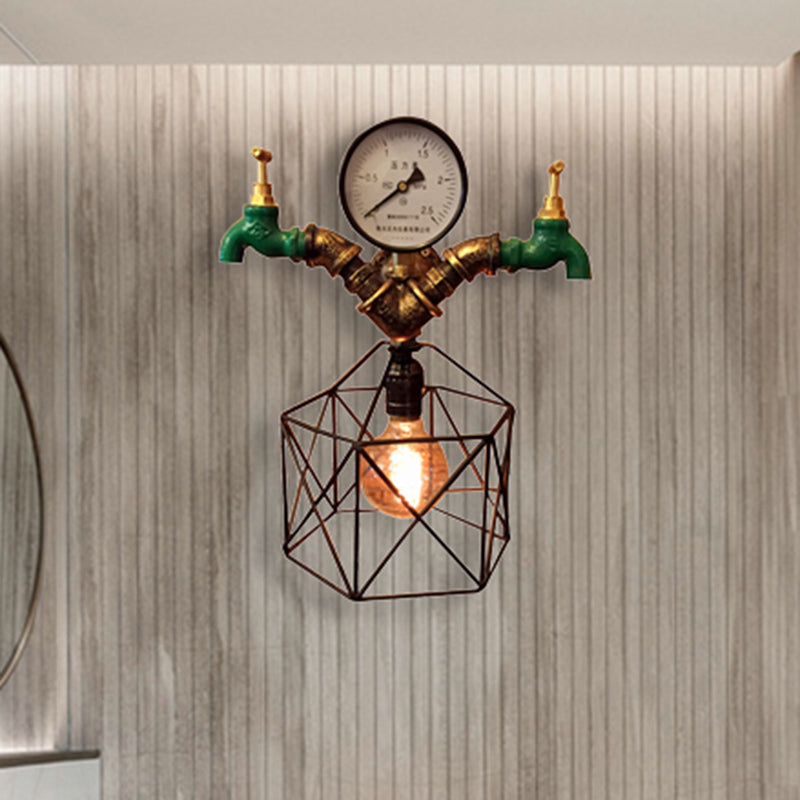 Hexagon Cage Wall Sconce: Antique Brass Metallic Industrial Light With Faucet And Gauge Deco