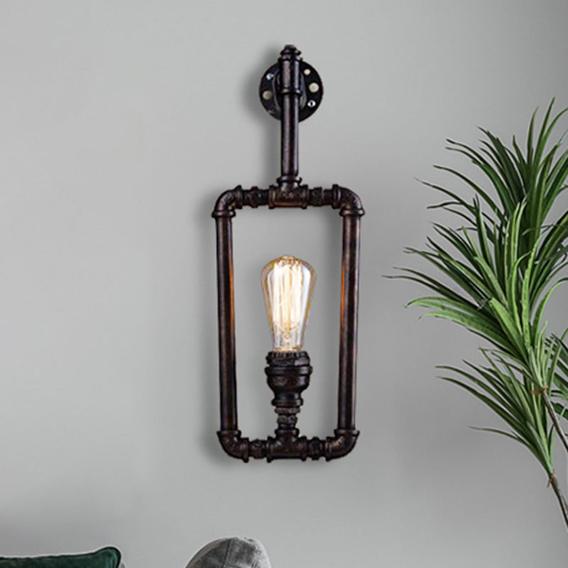Metallic Water Pipe Industrial Wall Sconce - 1 Light Rectangle Lamp For Living Room In Black