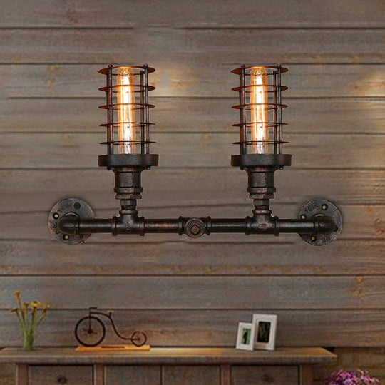 Steampunk Cylinder Wall Lamp With Wire Frame - 2 Head Iron Sconce Lighting In Aged Bronze For Living