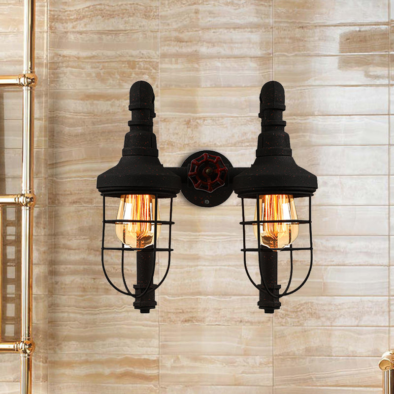 Industrial Metallic 2-Light Wall Sconce With Cage Shade And Red Valve - Black/Bronze Tubed Kitchen