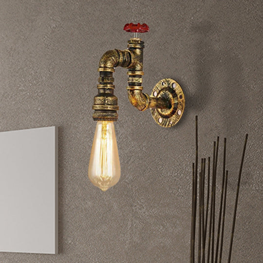 Industrial Antique Brass Faucet Wall Sconce With Valve - 1-Light Living Room Mount