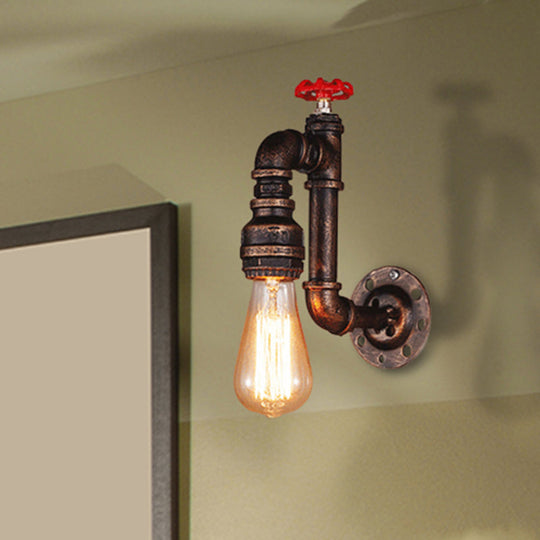 Rustic Wrought Iron Wall Sconce With Valve Wheel - Bronze Finish