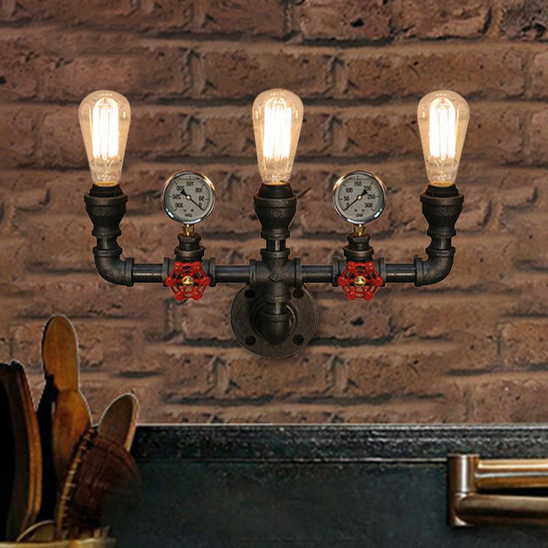 Steampunk Restaurant Wall Lighting In Black: 2/3-Lights Mount With Metal Pipe And Gauge